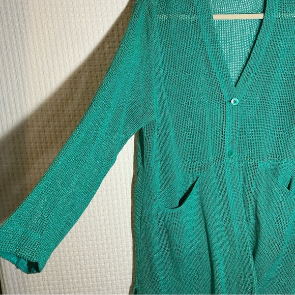 Masai Size S Cover Up Cardigan Mesh Open Weave Knit 2-Buttons Pockets Green - Picture 6 of 12